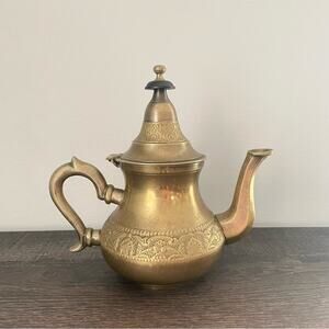 Vintage | Mini Solid Brass India Design Footed Teapot Floral Etched Small Ornate
